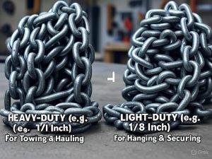 An infographic comparing a thick galvanized steel chain labeled for 'Heavy Loads' with a thin stainless steel chain labeled for 'Light Loads,' demonstrating differences in chain strength.