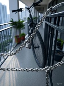 A brightly lit modern condominium balcony in Singapore with a bicycle securely locked to the railing using a thick stainless steel chain and a padlock.