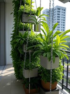 A modern Singapore HDB balcony with potted plants suspended from the ceiling using stainless steel chains to create a space-saving vertical garden.