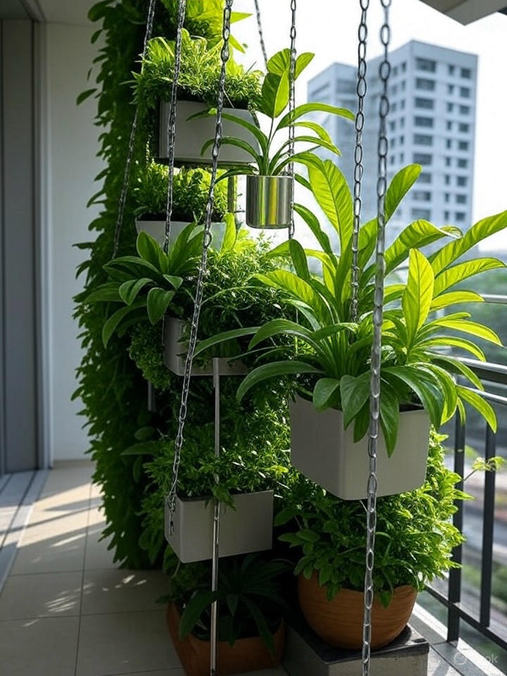 A modern Singapore HDB balcony with potted plants suspended from the ceiling using stainless steel chains to create a space-saving vertical garden.