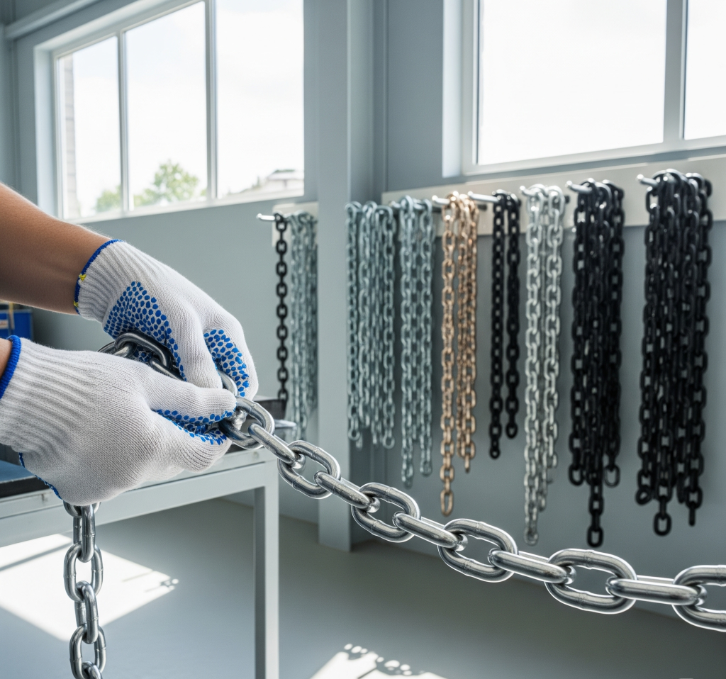 A Sinbotics employee inspects the quality of a stainless steel chain in the workshop, demonstrating the professionalism and reliability of the product.