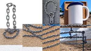 A collage showcasing five different unexpected uses for stainless steel coil chain: hanging potted plants on a balcony, securing a wooden gate, organizing tools in a workshop, creating a temporary barrier in a garden, and supporting outdoor string lights.