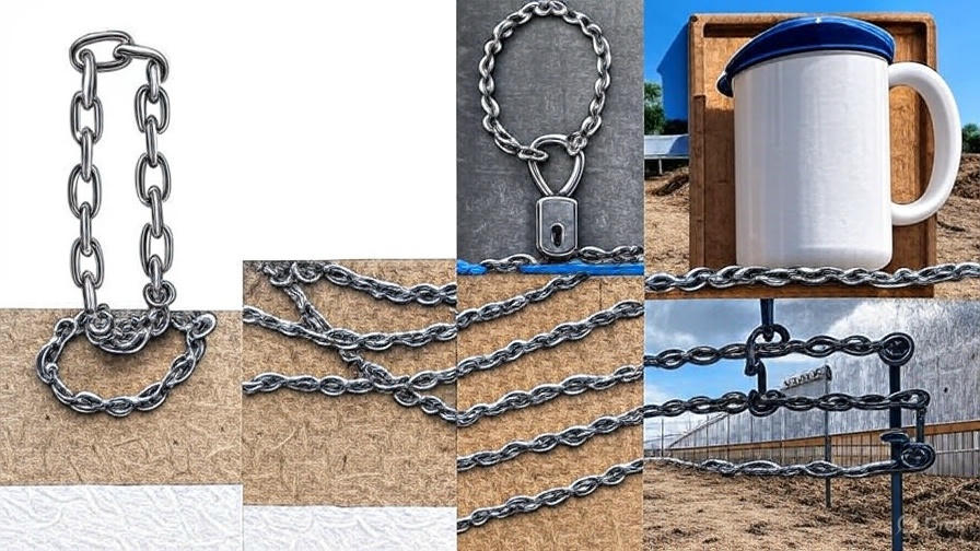 A collage showcasing five different unexpected uses for stainless steel coil chain: hanging potted plants on a balcony, securing a wooden gate, organizing tools in a workshop, creating a temporary barrier in a garden, and supporting outdoor string lights.