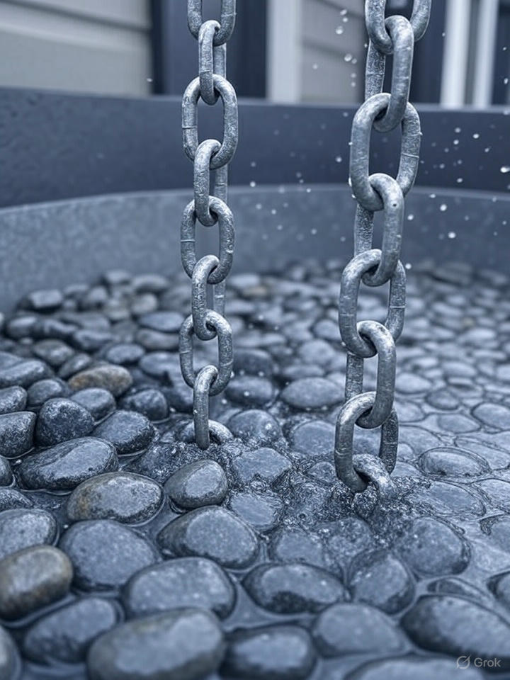 A close-up of a galvanized steel coil rain chain with water running down its links from a gutter into a basin of river stones.