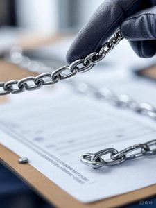 A close-up, detailed view of a section of a steel chain being inspected. Focus is on a hand pointing to a slightly stretched link, with other inspection points (weld, surface nick) subtly visible in the background. A checklist graphic is partially visible at the edge of the image.